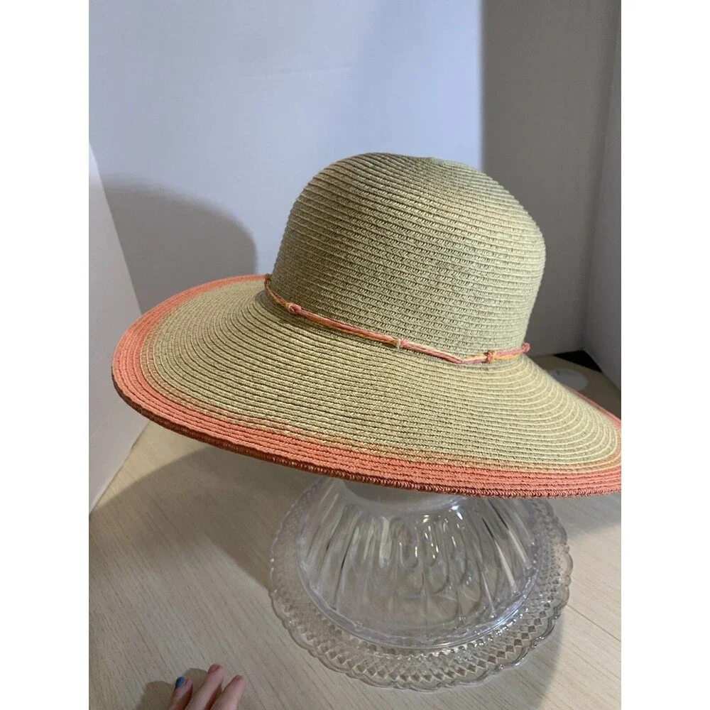 K.Keith Beige Straw Sun Hat Wide Brim with Peach edge and Band, Adjustable Sz M